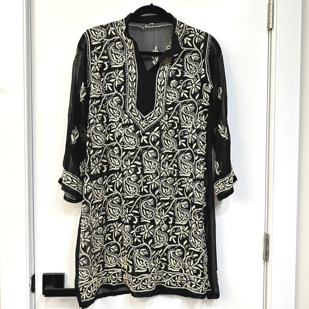 Vintage Black Georgette Embroidered Tunic‎ M Floral Chikankari Style Kurti